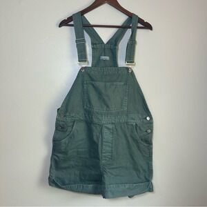 WEWOREWHAT Olive Green Denim Shortall Overalls L Roll Cuff Pockets‎ Adjustable